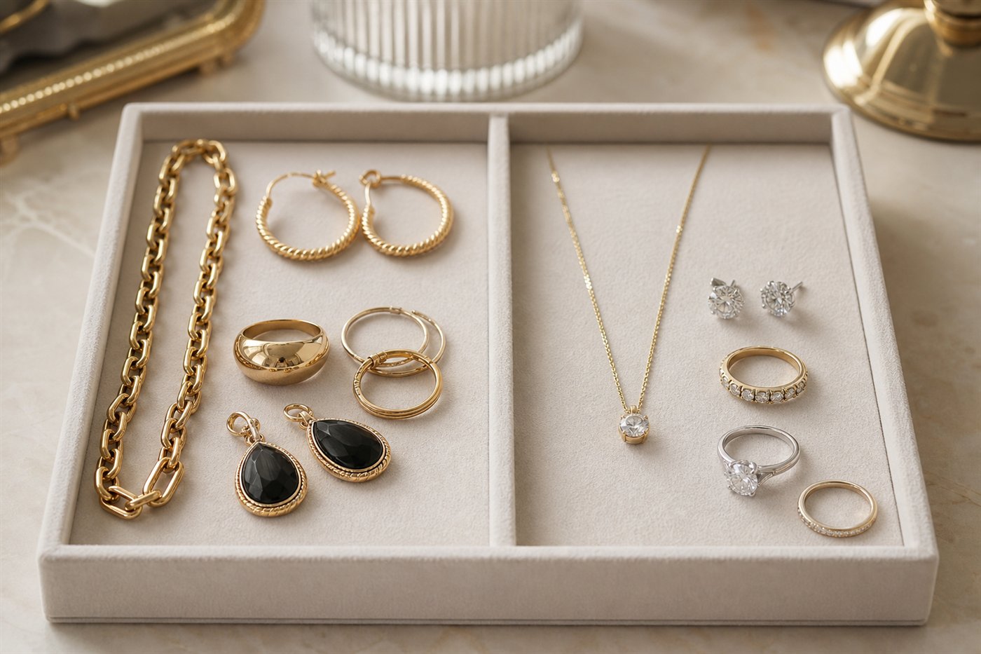 Fashion jewelry and fine jewelry displayed side by side