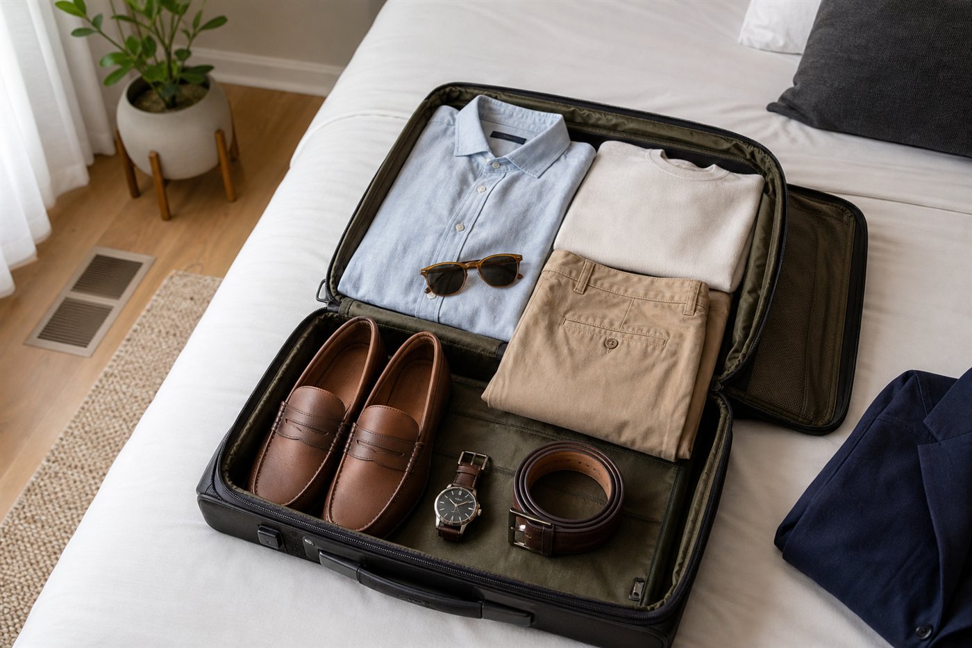 Mens vacation packing with stylish travel clothing and shoes