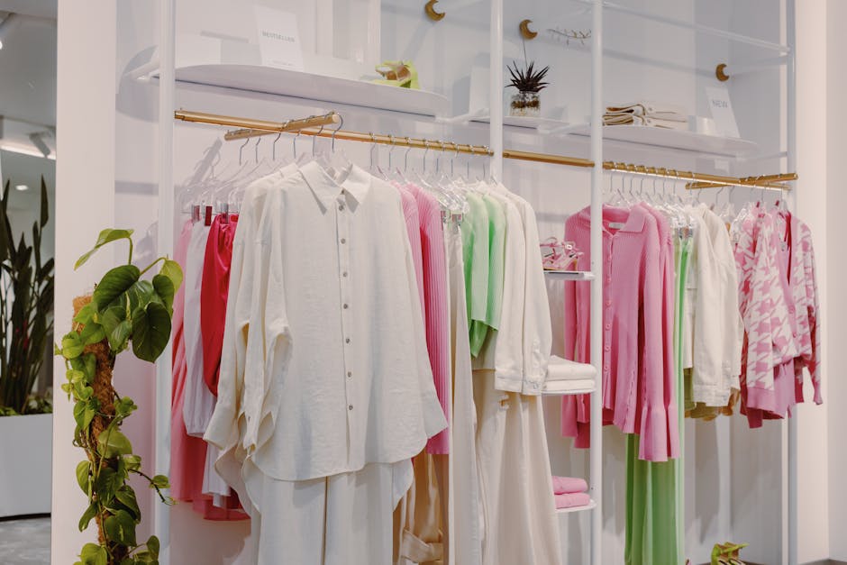 Vibrant fashion ensemble with pink, green, and white garments on store display rack.