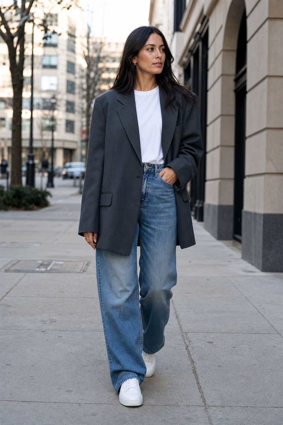 Oversized blazer styled with streetwear jeans and sneakers